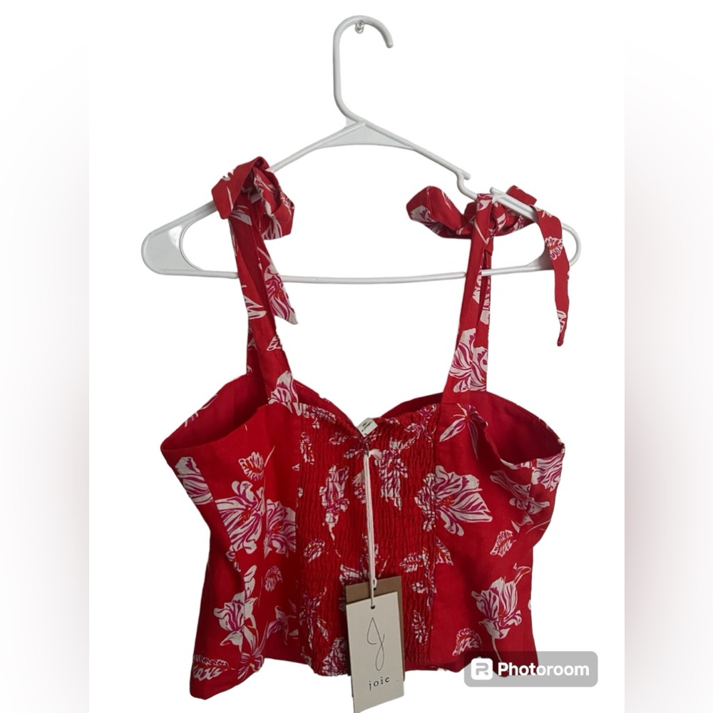 Red Flowered Crop Tank Top With Tie Straps - Picture 2 of 5